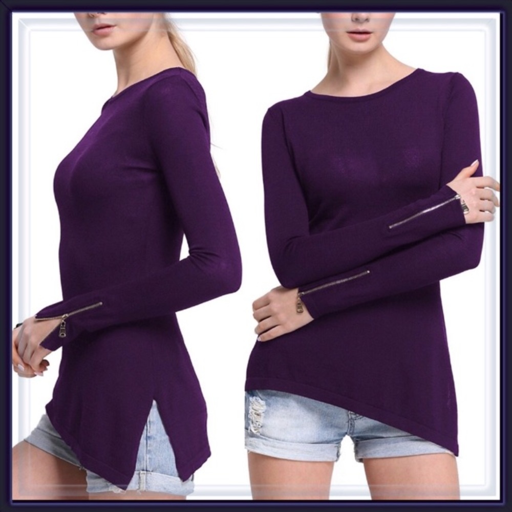 Zippered Cuff Split Sides Long Sweater Top Plum